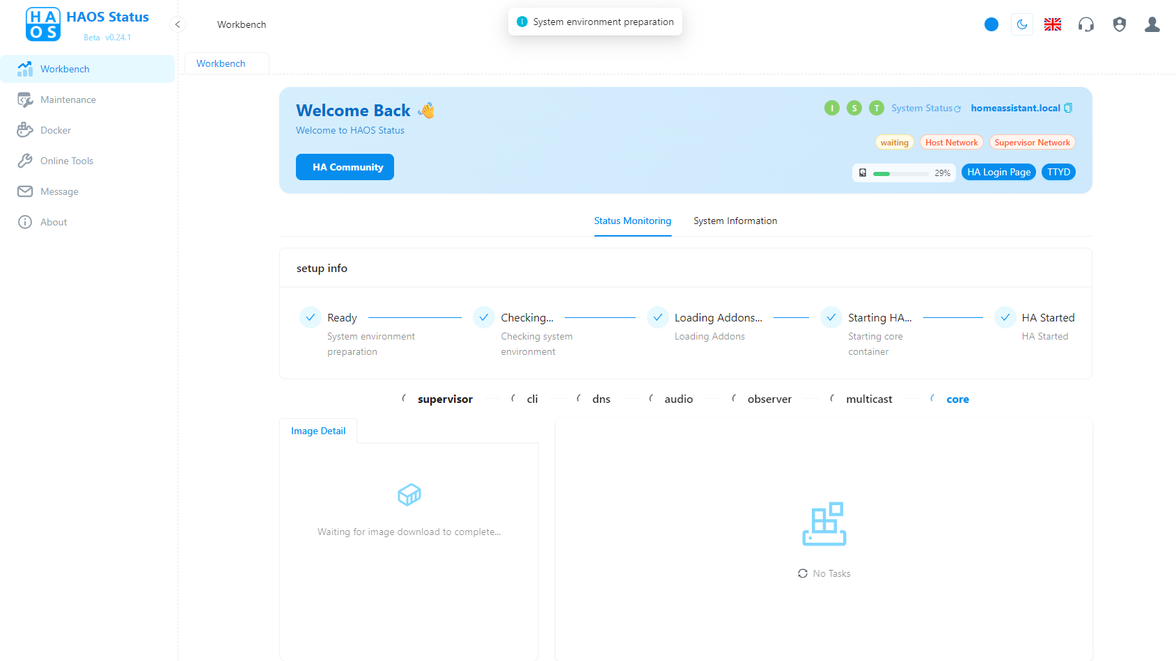 Buddy-console met opstartfasen en de status van Home Assistant-onderdelen